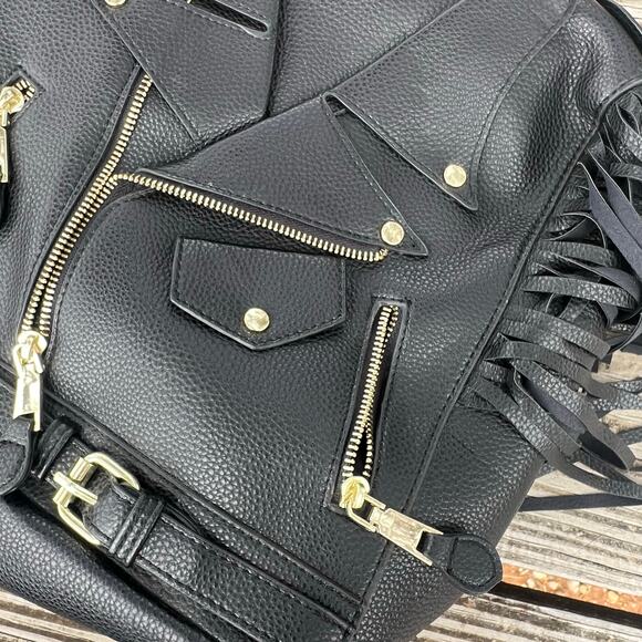 Moto Jacket Backpack Black Faux Leather Fringe Biker Punk Goth Alt Festival Bag main image 4